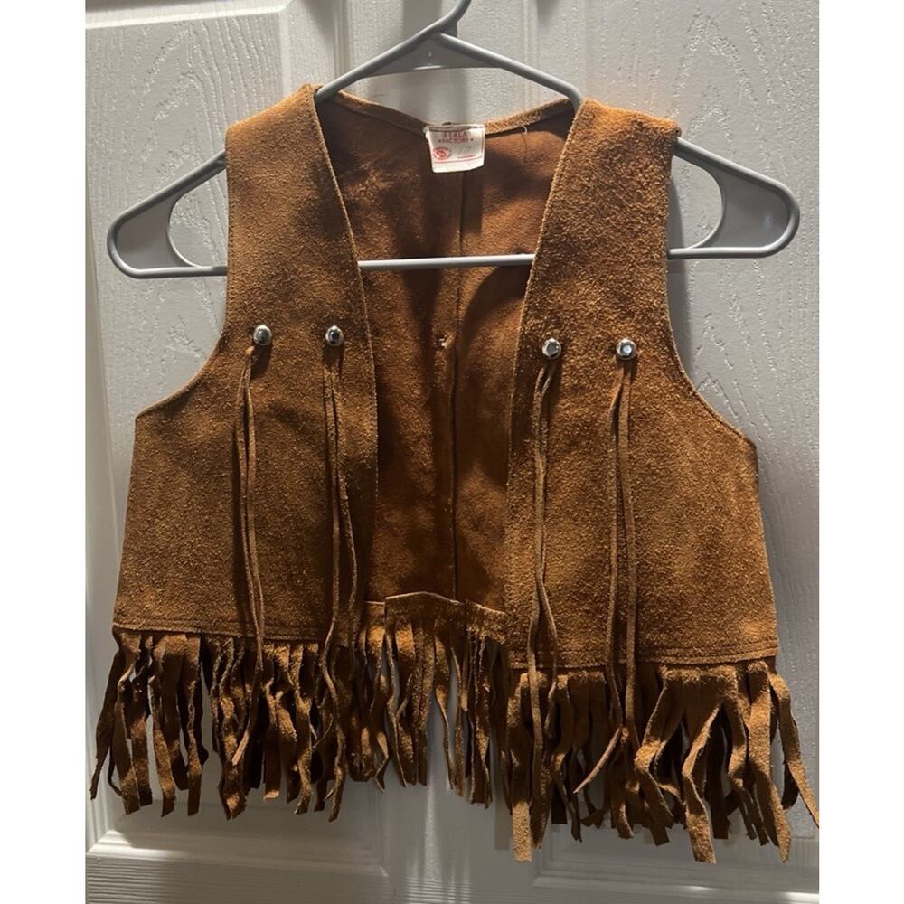 Vintage Child Kid Size Small 8/9 Brown Suede Leather Western Vest Fringe Costume